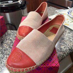 Women's Red and Cream Tory Burch Espadrille Slip-On Shoes